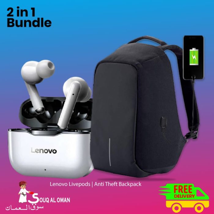 Laptop-Backpack-With-USB-Cabel-and-Lenovo-Livepods