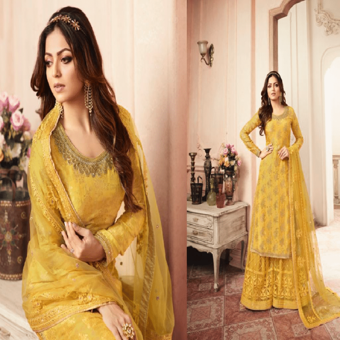 Fashionable Yellow Embroidered Net Maxi Style - Image 1