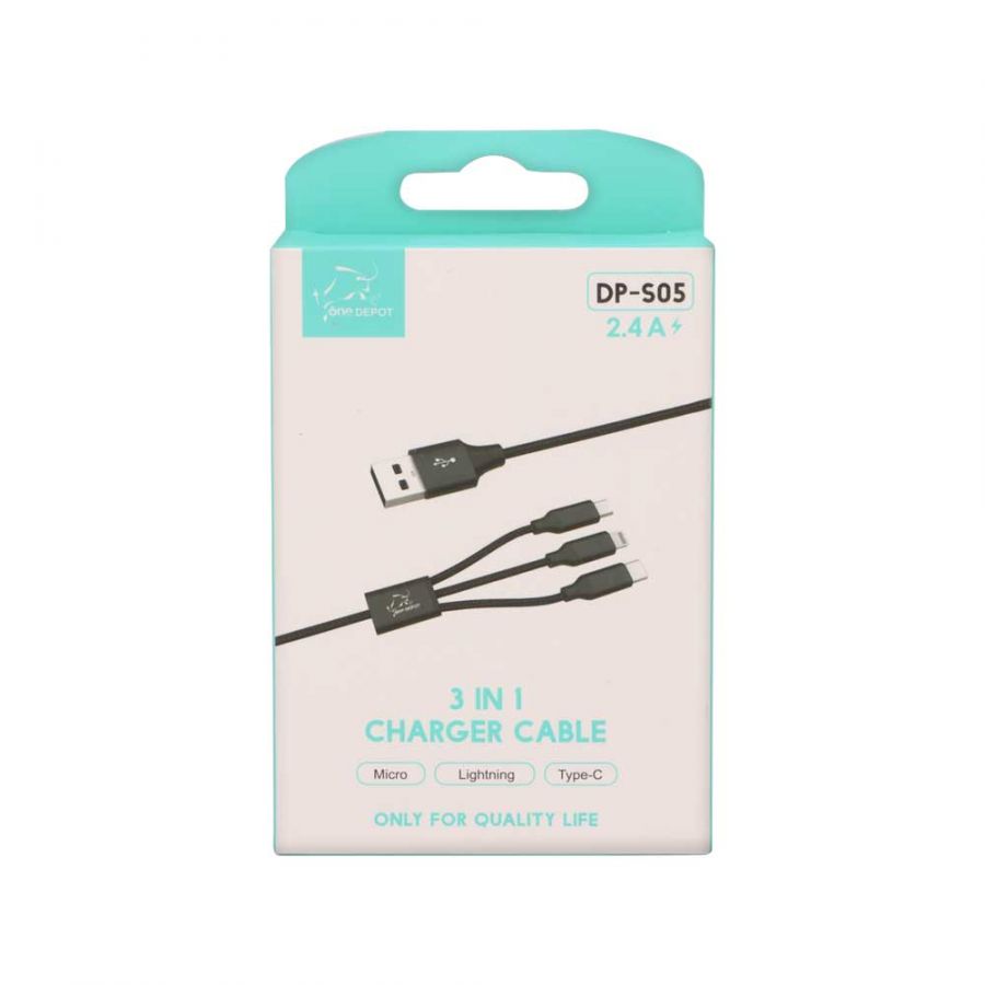 dp-s05-00.jpg One Depot 3 in 1 Charger Cable Micro+Lightening+Type-C 2.4A, DP-S05 - Image 1